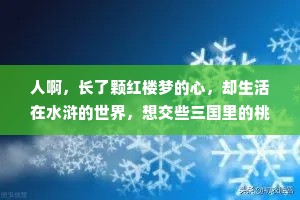 人啊，长了颗红楼梦的心，却生活在水浒的世界，想交些三国里的桃园弟兄，却总遇到些西游记里的妖魔鬼怪。