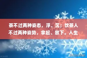 茶不过两种姿态，浮、沉；饮茶人不过两种姿势，拿起、放下。人生如茶，沉时坦然，浮时淡然，拿得起也需要放得下