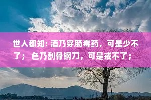 世人都知: 酒乃穿肠毒药，可是少不了； 色乃刮骨钢刀，可是戒不了； 财是下山猛虎，可是得不到; 气是惹祸根苗，可是人皆有。