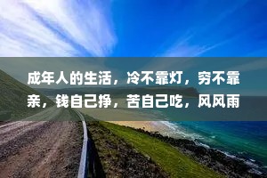 成年人的生活，冷不靠灯，穷不靠亲，钱自己挣，苦自己吃，风风雨雨都是自己扛，酸甜苦辣都是自己尝。