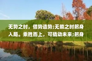 无势之时，借势造势;无能之时躬身入局。乘胜而上，可撬动未来;躬身入局，可以提升能力;借势谋局，才能逆风翻盘。