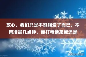 放心，我们只是不能相爱了而已，不管凌晨几点钟，你打电话来我还是会接，可惜这世上没有反方向的钟，交替的四季都在告诚我们不要回头，一个人没羞没臊地爱一个人的概率，一生只有一次。如果有一天你后悔了，别哭，别