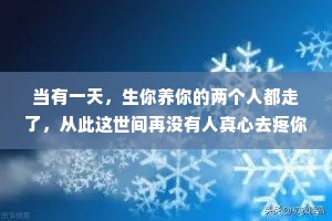 当有一天，生你养你的两个人都走了，从此这世间再没有人真心去疼你，去爱你，没有人真心地去关心你，你过得好不好，你生活得好不好，工作得怎么样，是胖了还是瘦了?没有人去忍受你的坏脾气，去包容你的缺点。当我们