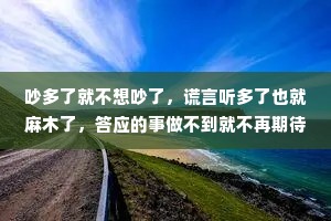 吵多了就不想吵了，谎言听多了也就麻木了，答应的事做不到就不再期待了。总有一天你会明白，你想要的那么简单，他却做不到……其实不是做不到，而是不想做。