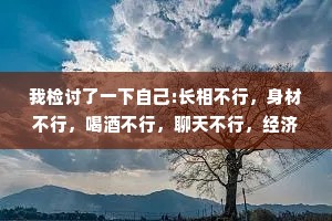 我检讨了一下自己:长相不行，身材不行，喝酒不行，聊天不行，经济不行，但我气人行，饭量行:睡觉行。