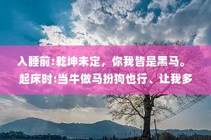 入睡前:乾坤未定，你我皆是黑马。 起床时:当牛做马扮狗也行、让我多睡一会儿。
