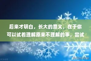 后来才明白，长大的意义，在于你可以试着理解原来不理解的事，尝试原谅你以前从不曾接受的人，在难过和委屈面前，还依旧可以保持乐观的态度、独立的人格和勇敢善良的心。